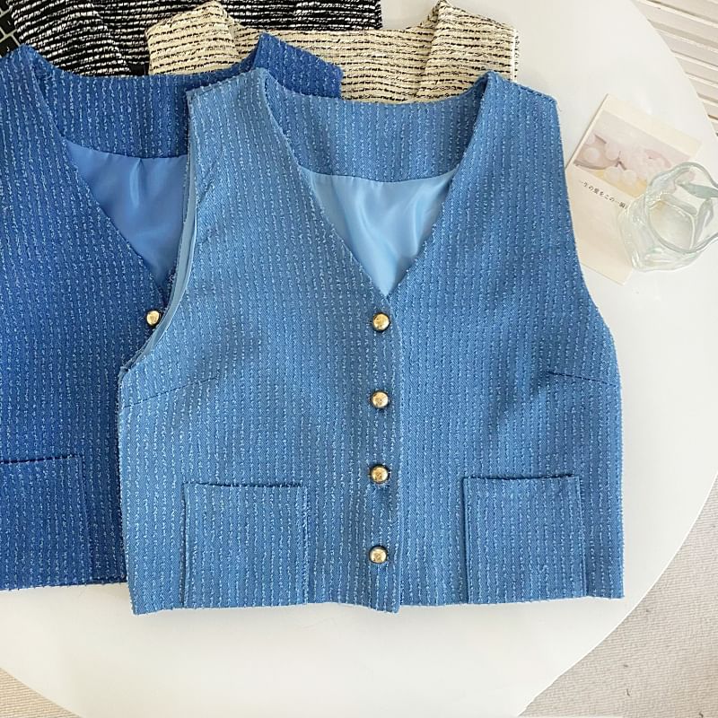 V-Neck Tweed Button-Up Vest