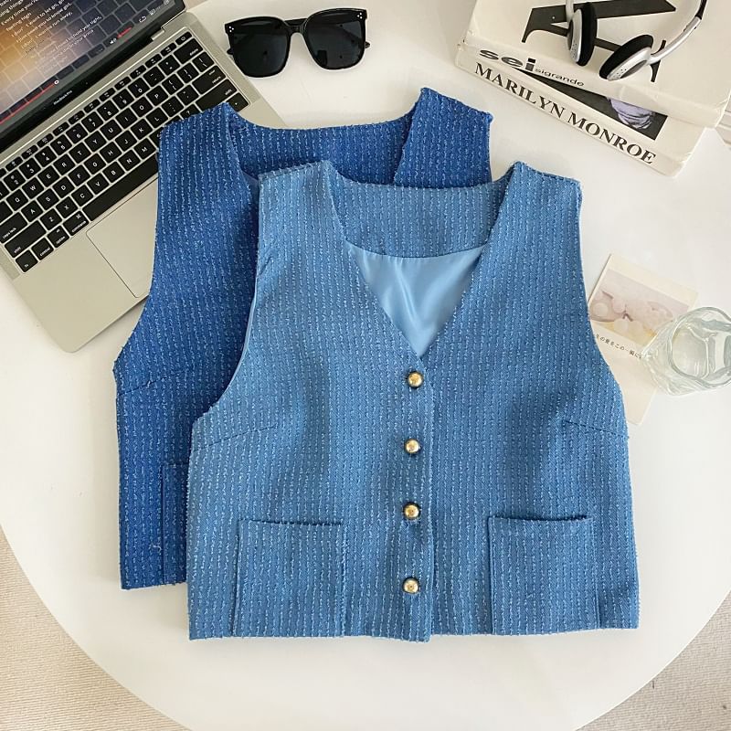 V-Neck Tweed Button-Up Vest