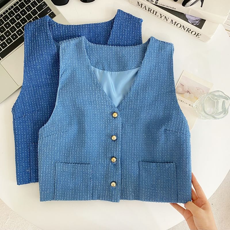 V-Neck Tweed Button-Up Vest