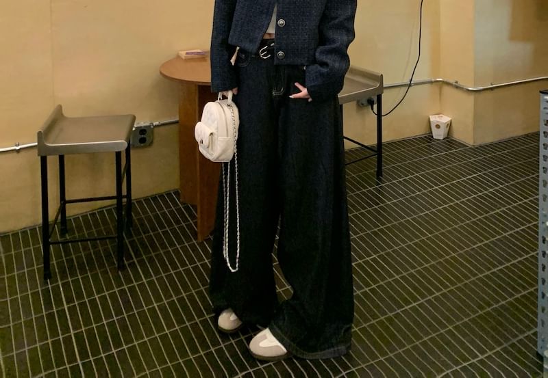 Crew Neck Plain Button-Up Tweed Crop Jacket / Mid Rise Washed Wide Leg Jeans