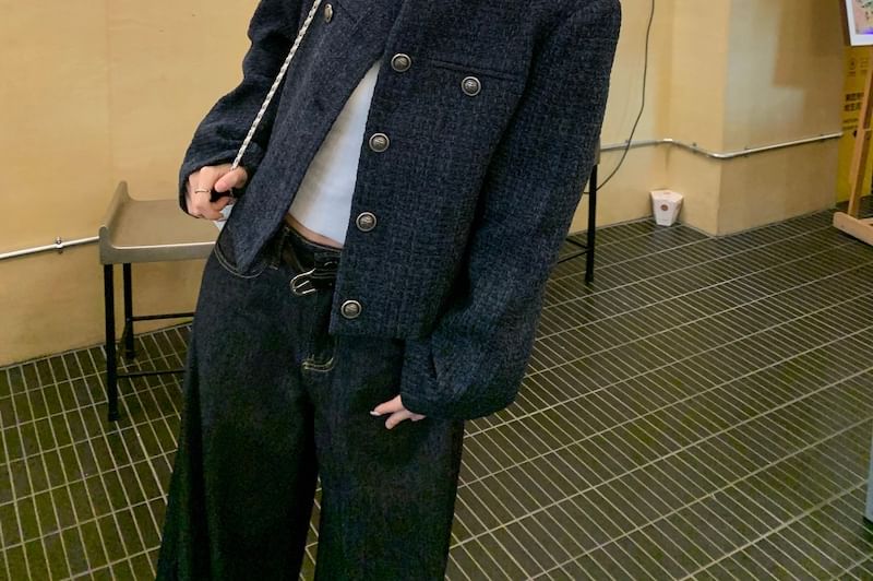 Crew Neck Plain Button-Up Tweed Crop Jacket / Mid Rise Washed Wide Leg Jeans
