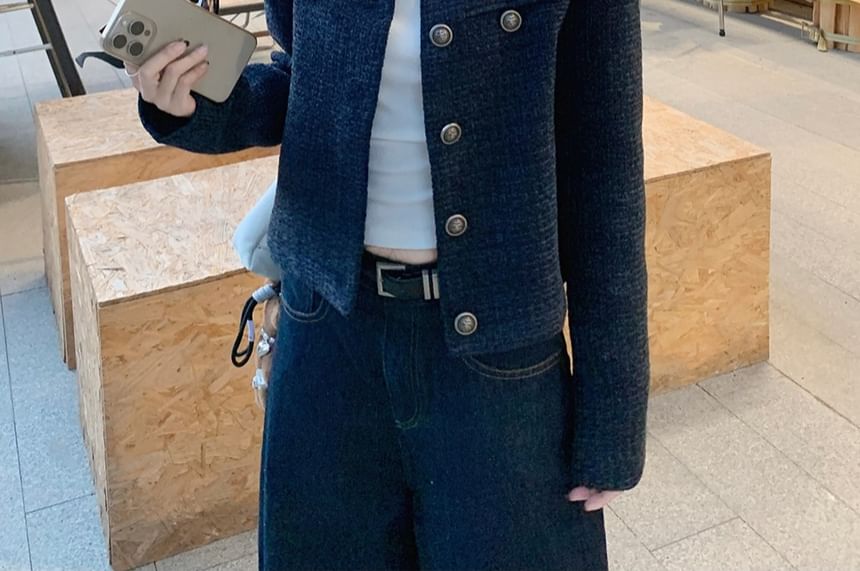 Round Neck Button-Up Tweed Crop Jacket / Plain Tank Top / Mid Rise Washed Wide Leg Jeans