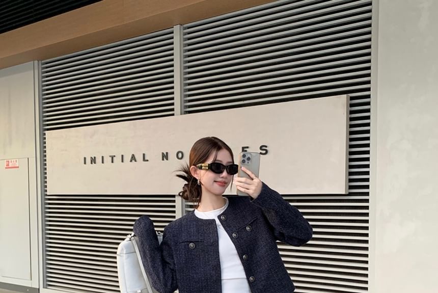 Round Neck Button-Up Tweed Crop Jacket / Plain Tank Top / Mid Rise Washed Wide Leg Jeans