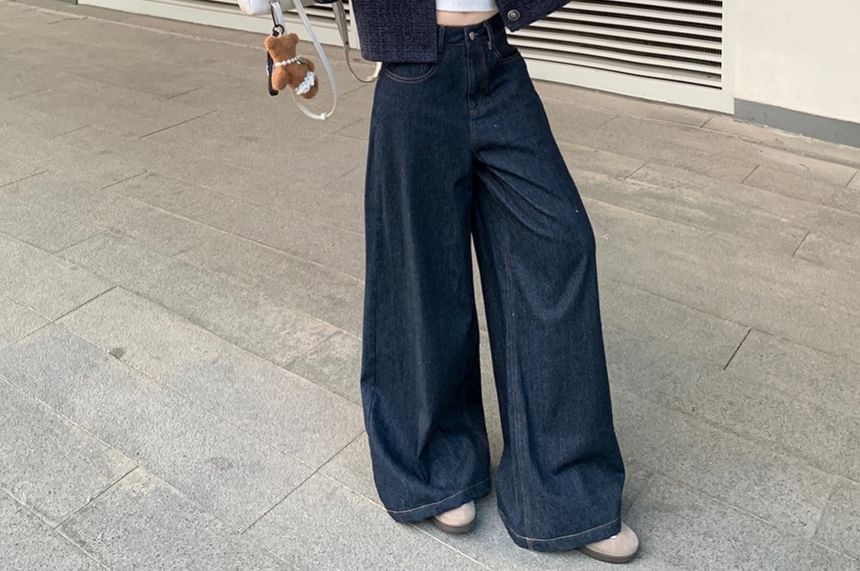 Round Neck Button-Up Tweed Crop Jacket / Plain Tank Top / Mid Rise Washed Wide Leg Jeans