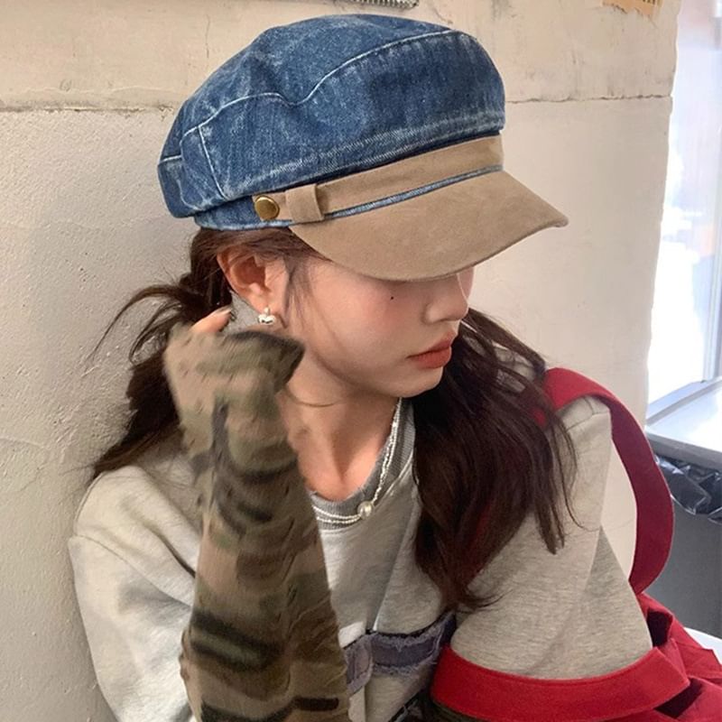Faux Cap Sailor Panel Denim Washed Suede