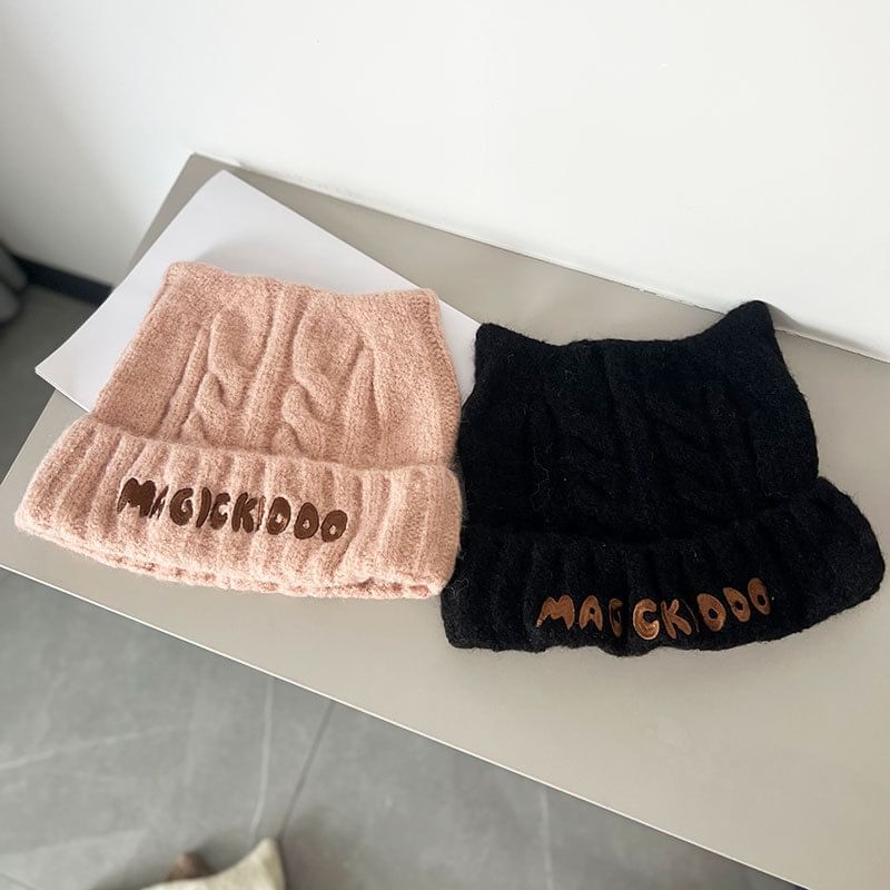 Embroidered Cable Lettering Knit Beanie