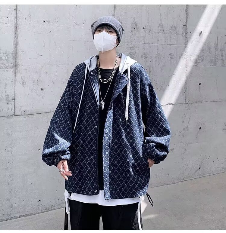Mock Two-Piece Diamond Print Hooded Zip-Up Denim Jacket