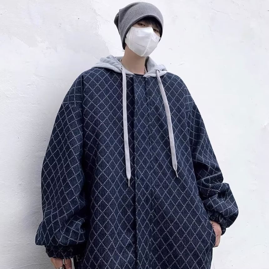 Mock Two-Piece Diamond Print Hooded Zip-Up Denim Jacket