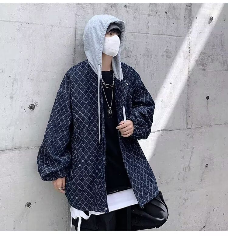 Mock Two-Piece Diamond Print Hooded Zip-Up Denim Jacket