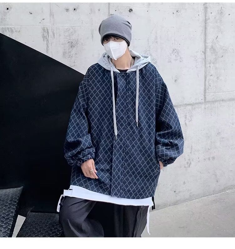 Mock Two-Piece Diamond Print Hooded Zip-Up Denim Jacket