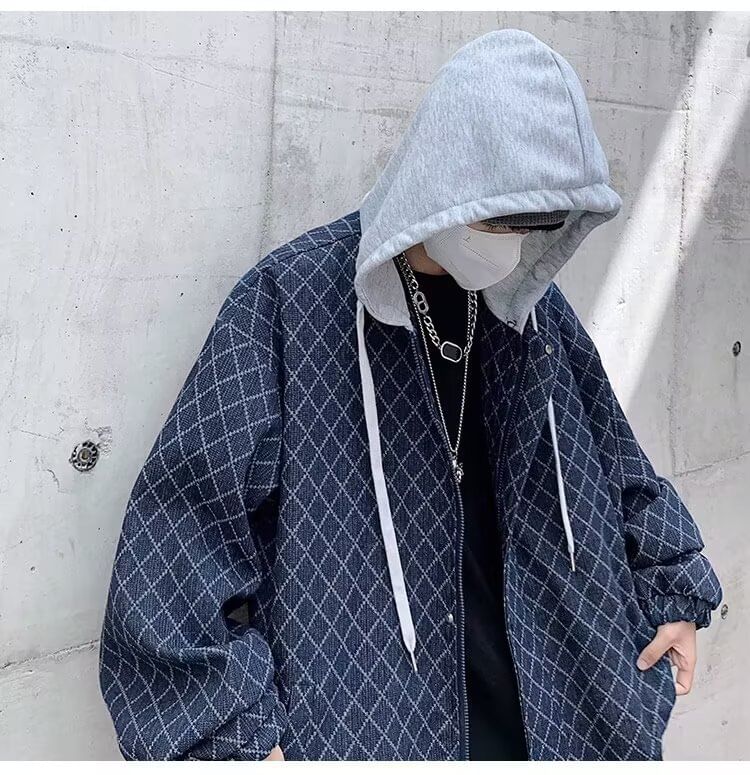 Mock Two-Piece Diamond Print Hooded Zip-Up Denim Jacket