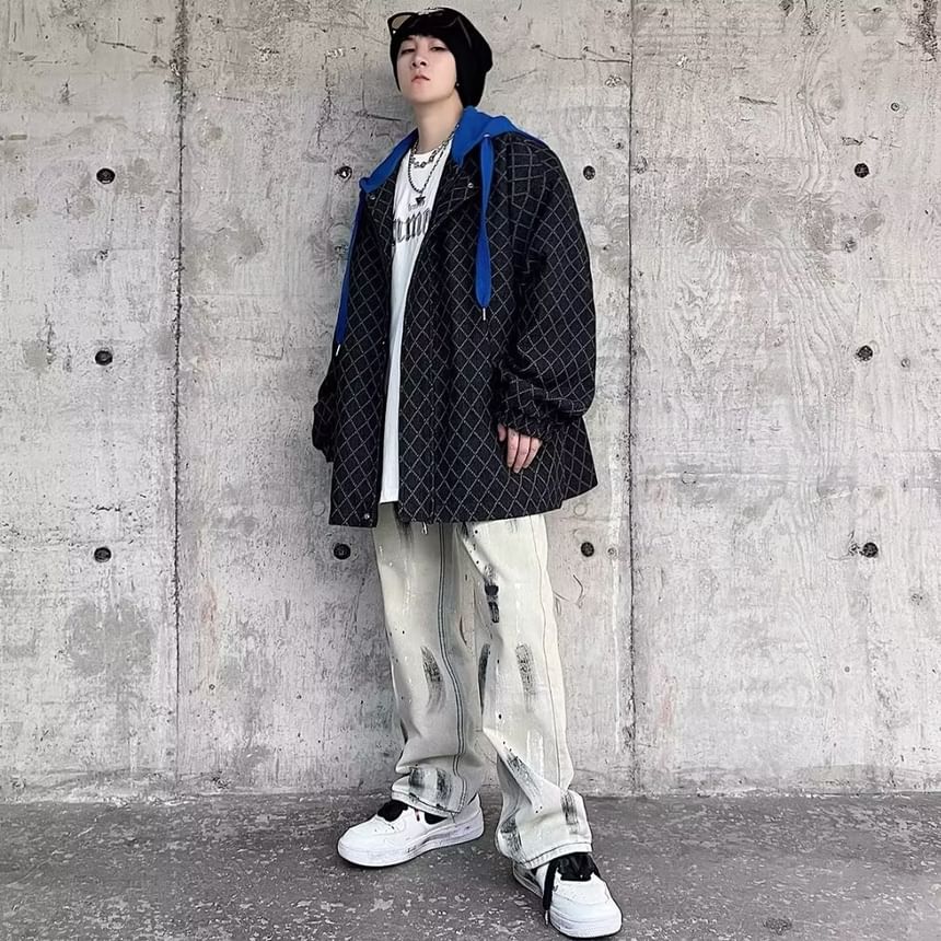 Mock Two-Piece Diamond Print Hooded Zip-Up Denim Jacket