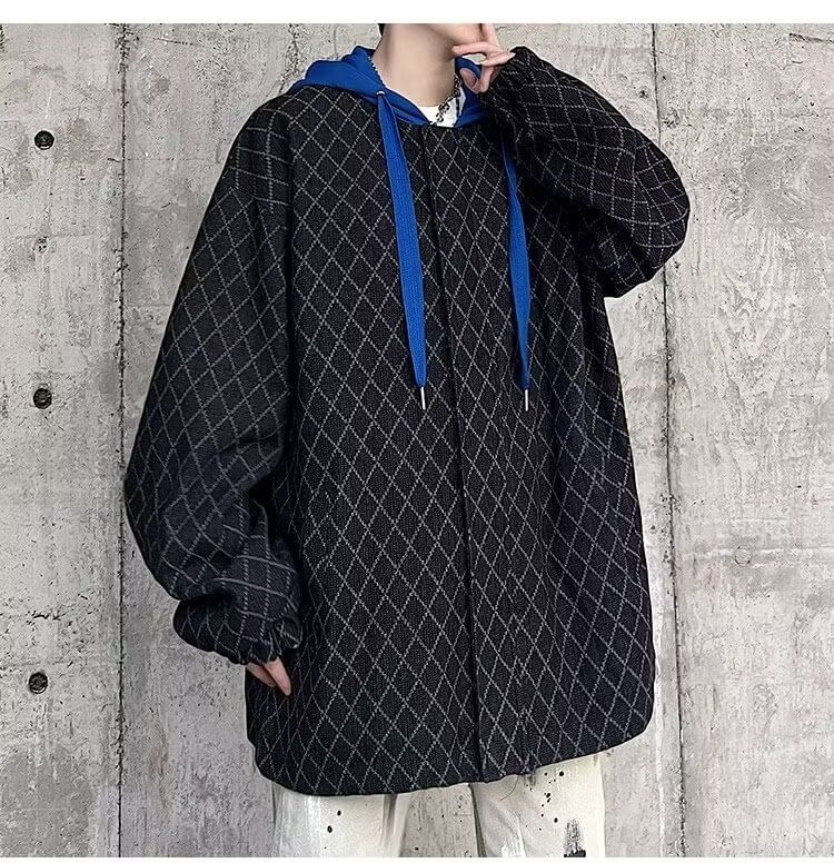 Mock Two-Piece Diamond Print Hooded Zip-Up Denim Jacket