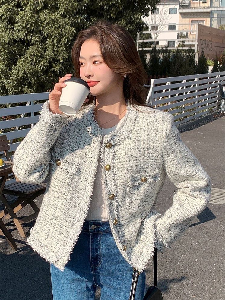 Crew Neck Frayed Button-Up Tweed Jacket