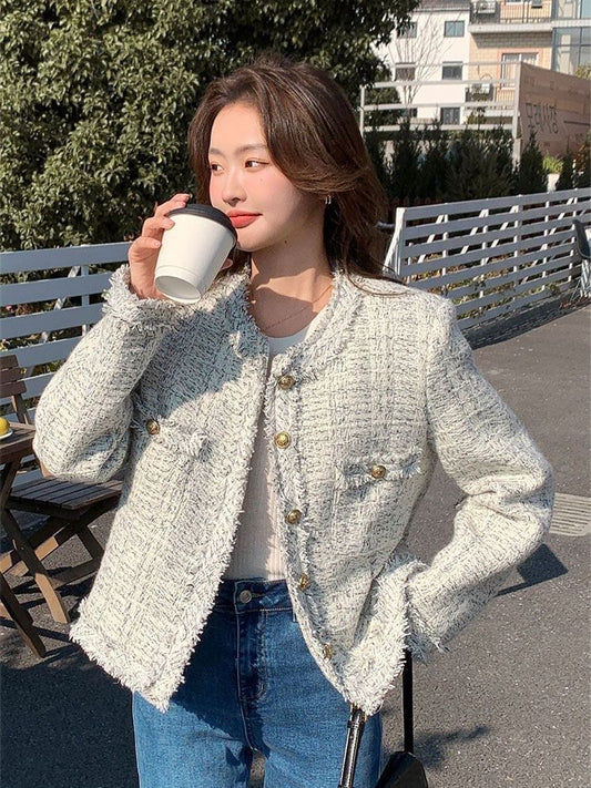 Crew Neck Frayed Button-Up Tweed Jacket