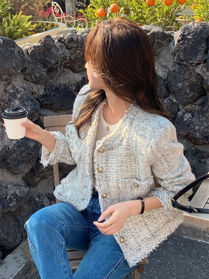 Crew Neck Frayed Button-Up Tweed Jacket