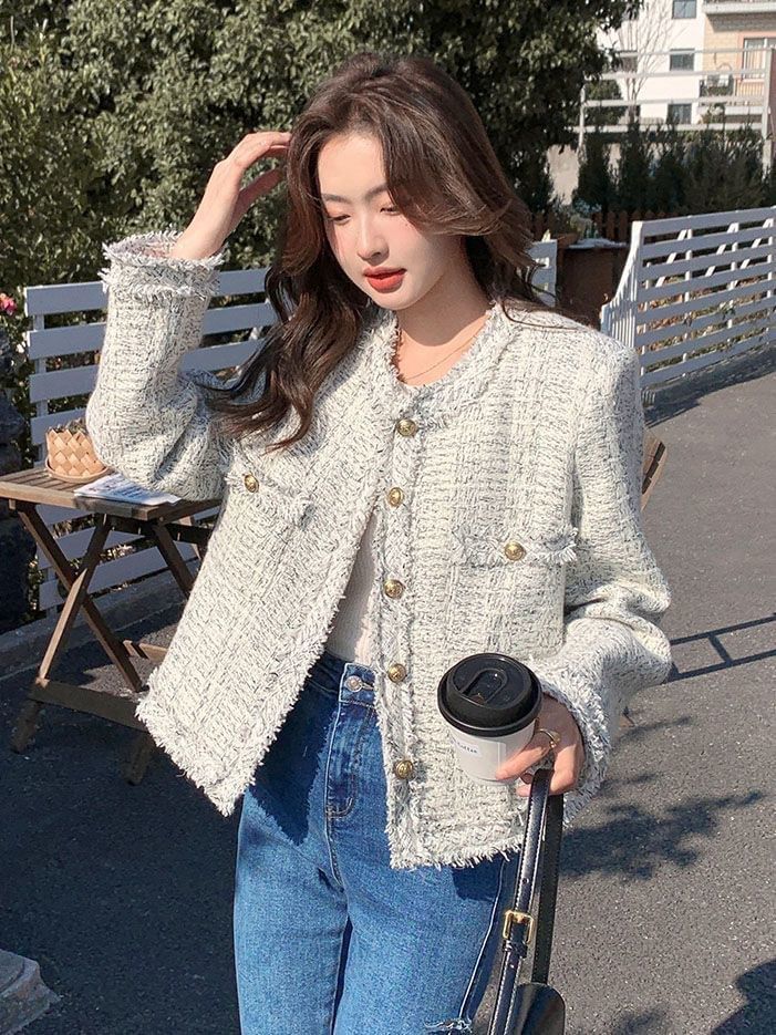 Crew Neck Frayed Button-Up Tweed Jacket