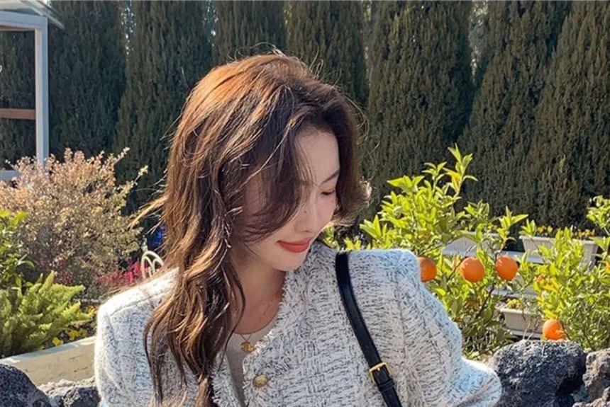 Crew Neck Frayed Button-Up Tweed Jacket