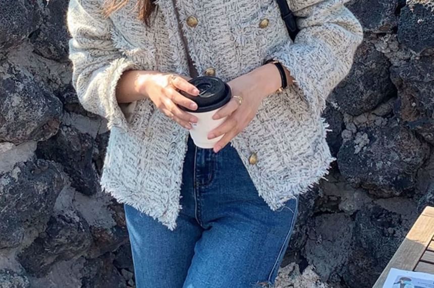 Crew Neck Frayed Button-Up Tweed Jacket