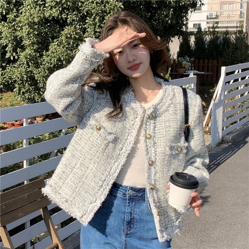 Crew Neck Frayed Button-Up Tweed Jacket