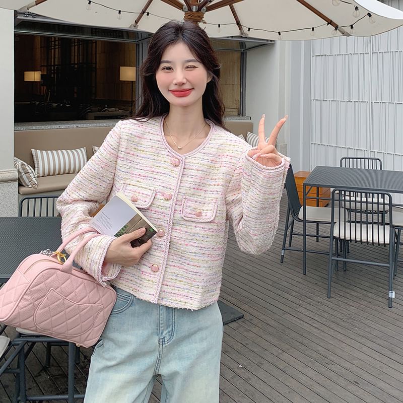 Crew Neck Button-Up Tweed Crop Jacket
