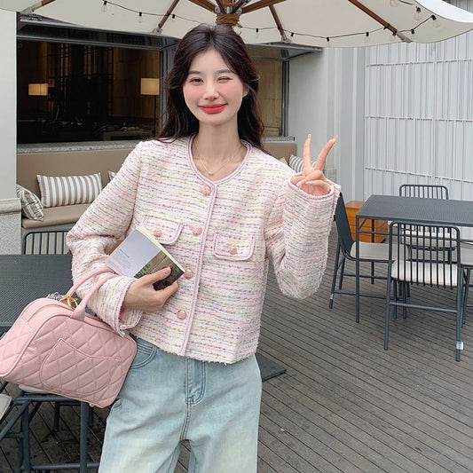 Crew Neck Button-Up Tweed Crop Jacket