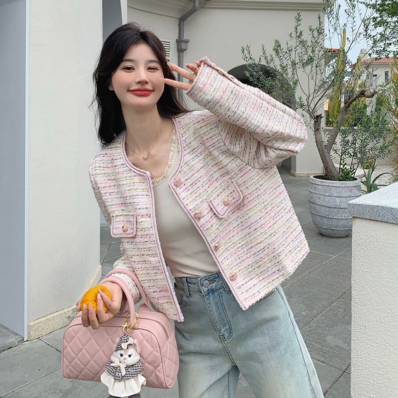 Crew Neck Button-Up Tweed Crop Jacket