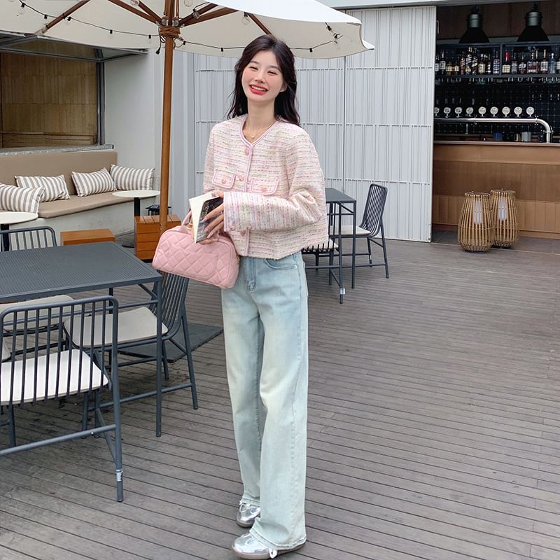 Crew Neck Button-Up Tweed Crop Jacket