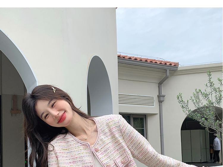 Crew Neck Button-Up Tweed Crop Jacket