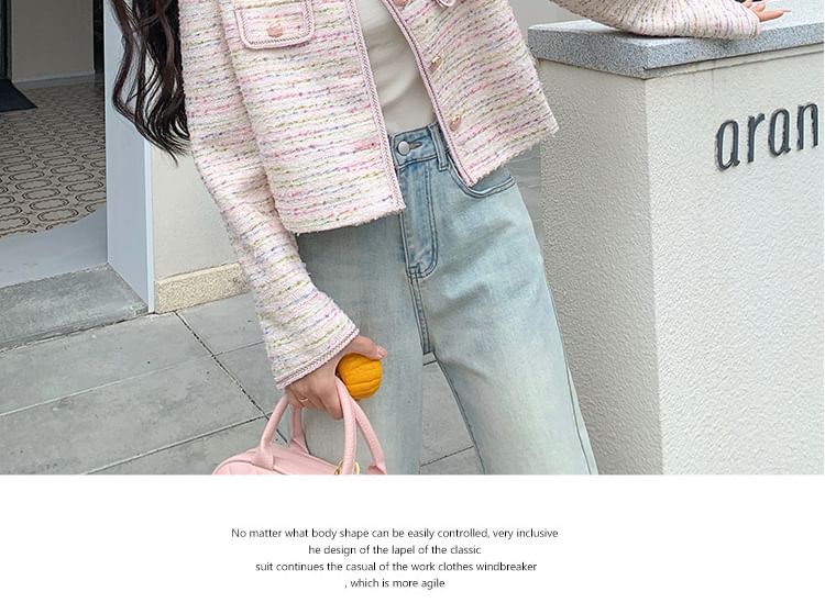 Crew Neck Button-Up Tweed Crop Jacket