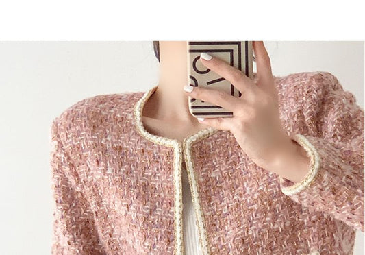 Crew Neck Contrast Trim Open Front Tweed Crop Jacket