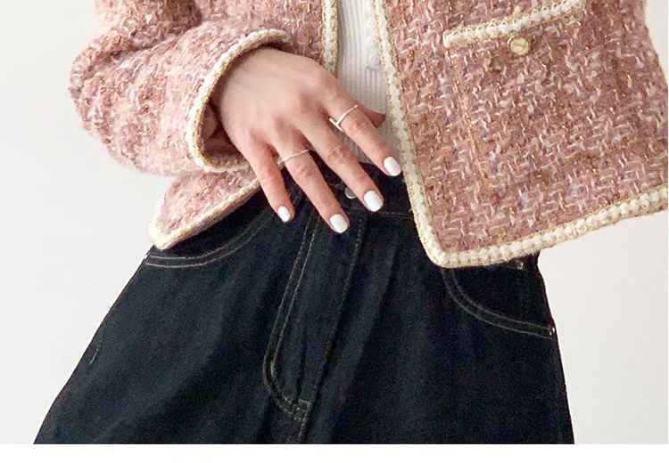 Crew Neck Contrast Trim Open Front Tweed Crop Jacket