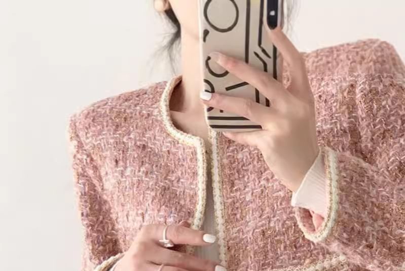 Crew Neck Contrast Trim Open Front Tweed Crop Jacket