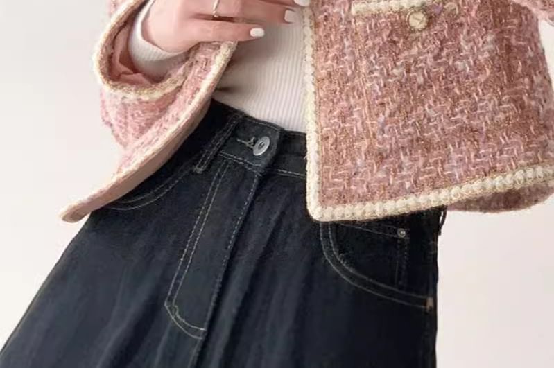 Crew Neck Contrast Trim Open Front Tweed Crop Jacket