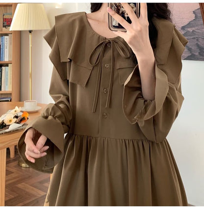 Long-Sleeve Ruffle Plain Midi A-Line Dress