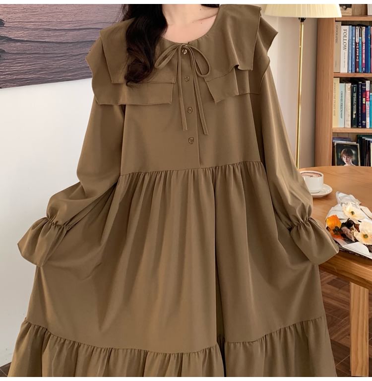 Long-Sleeve Ruffle Plain Midi A-Line Dress