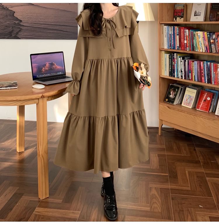 Long-Sleeve Ruffle Plain Midi A-Line Dress