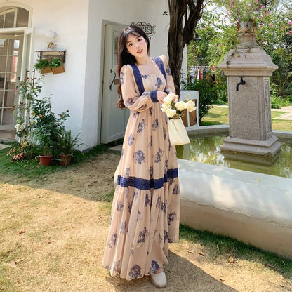 Long-Sleeve Square Neck Print Maxi A-Line Dress