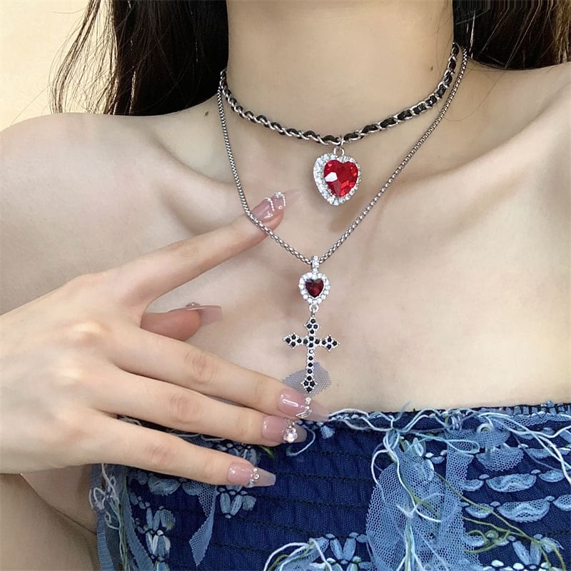 Cross Heart Rhinestone Pendant Layered Alloy Choker / Cross Drop Earring