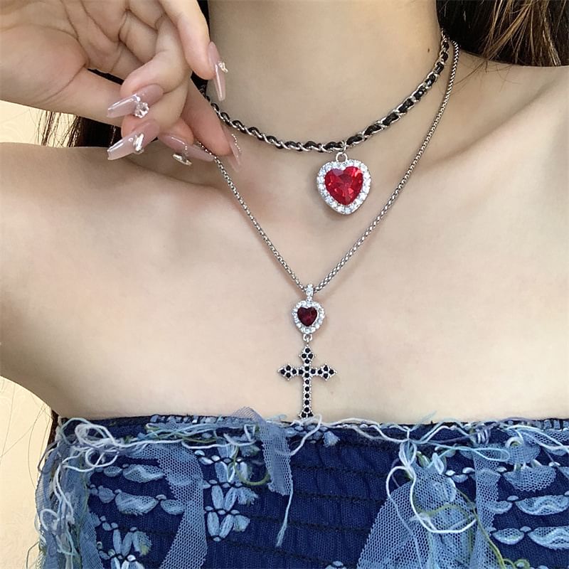 Cross Heart Rhinestone Pendant Layered Alloy Choker / Cross Drop Earring