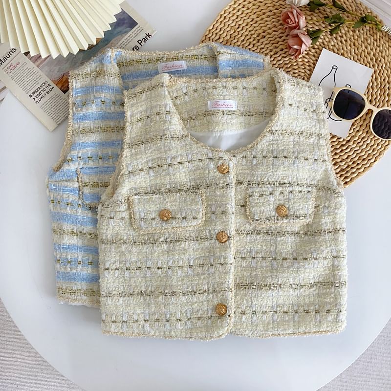 Sleeveless V-Neck Tweed Button Cropped Vest
