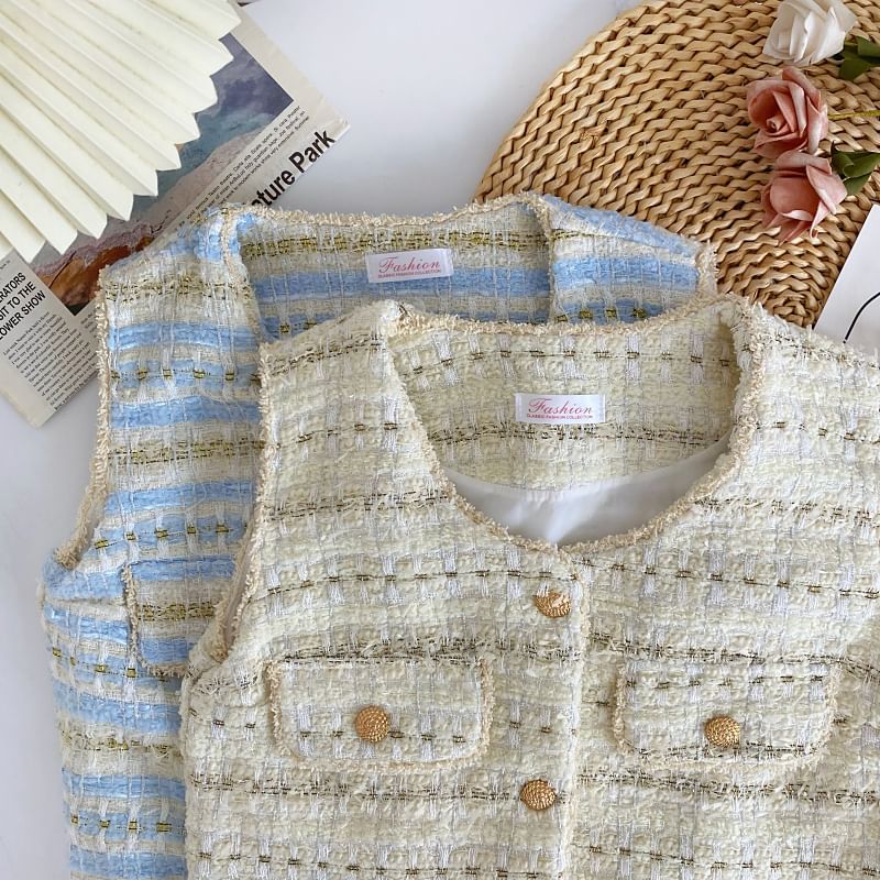 Sleeveless V-Neck Tweed Button Cropped Vest