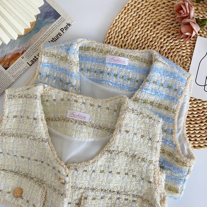 Sleeveless V-Neck Tweed Button Cropped Vest