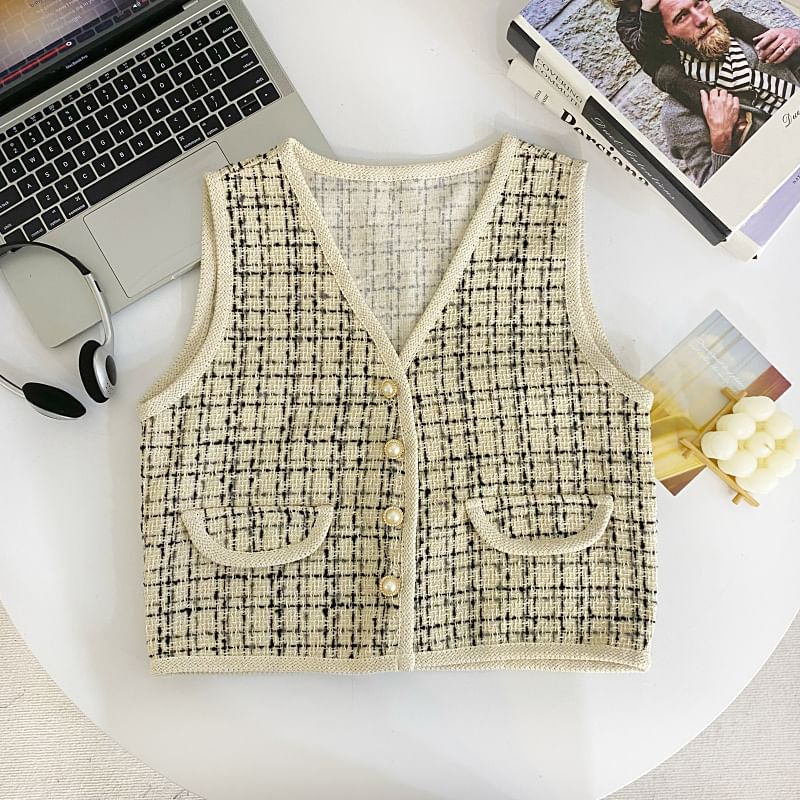 V-Neck Plaid Tweed Button Cropped Vest