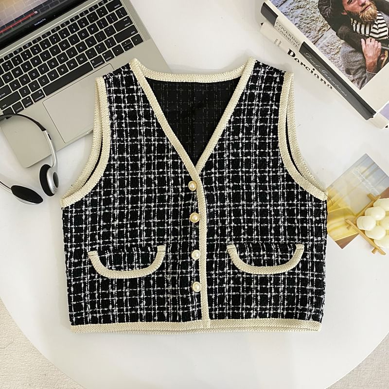 V-Neck Plaid Tweed Button Cropped Vest