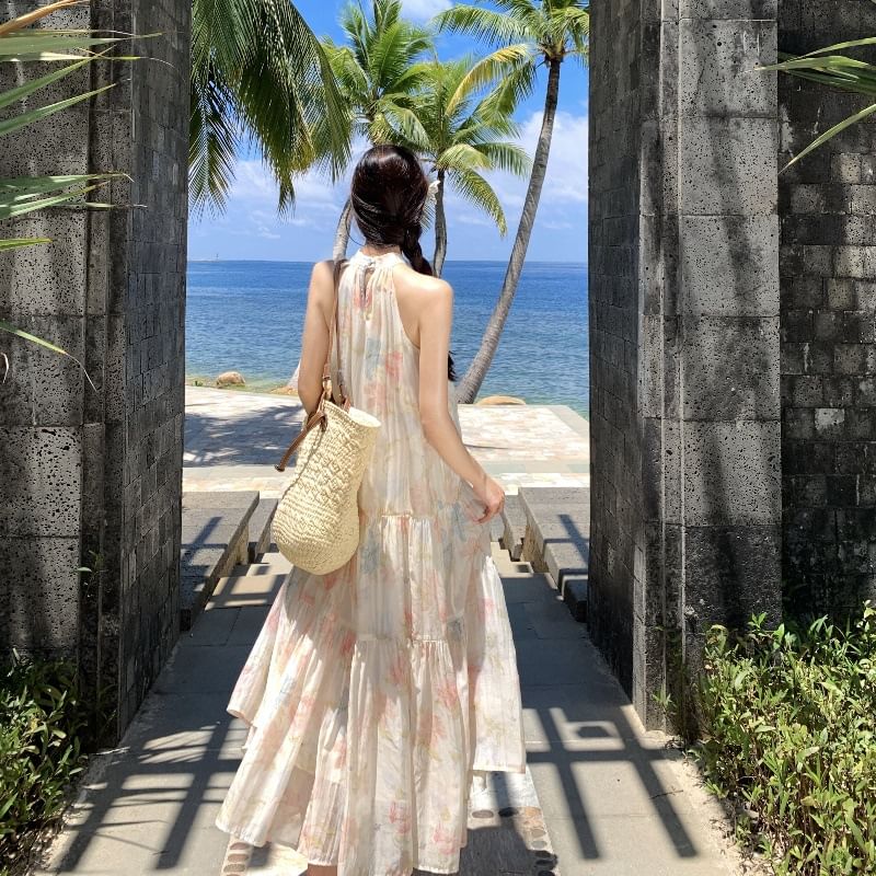 Halter Midi Floral Tiered A-Line Sleeveless Sundress