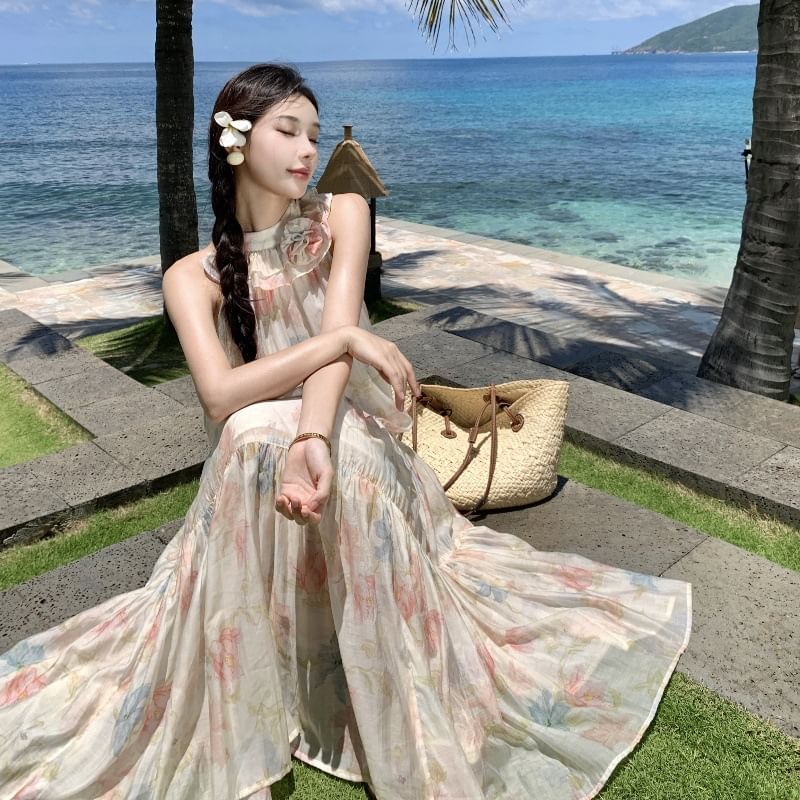 Halter Midi Floral Tiered A-Line Sleeveless Sundress