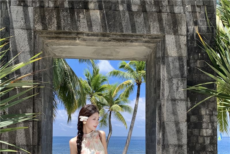 Halter Midi Floral Tiered A-Line Sleeveless Sundress