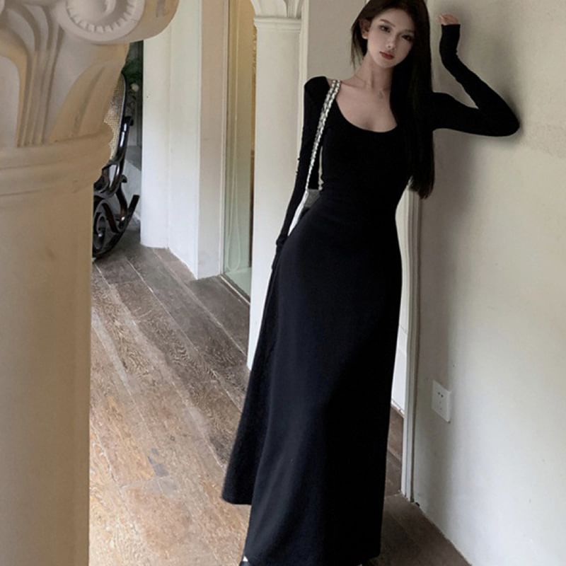 A-Line Long-Sleeve Maxi Back Round Plain Open Neck Dress