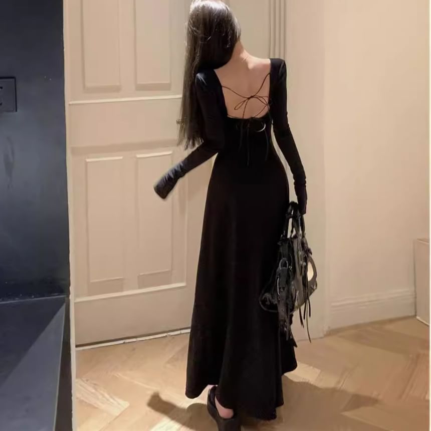 A-Line Long-Sleeve Maxi Back Round Plain Open Neck Dress